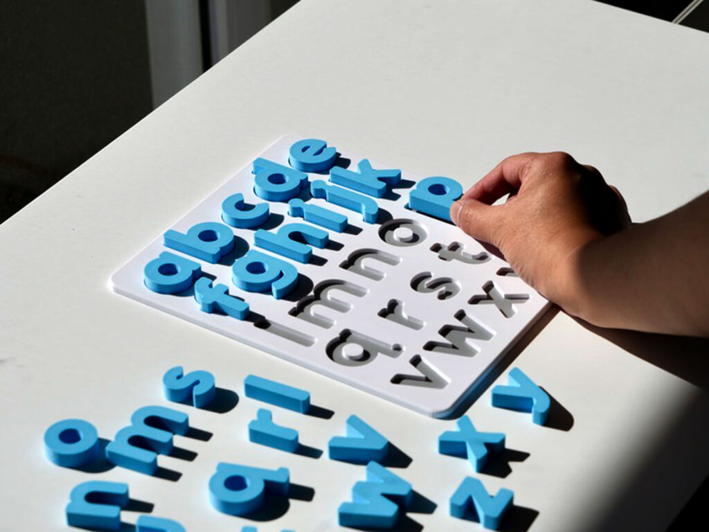 Sky blue lowercase alphabet puzzle for preschoolers – educational toy for early literacy and letter recognition.