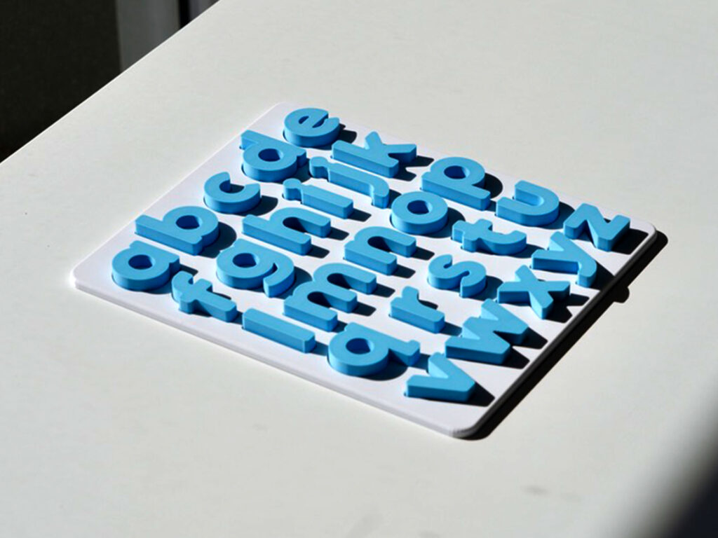 Sky blue lowercase alphabet puzzle for preschoolers – educational toy for early literacy and letter recognition.