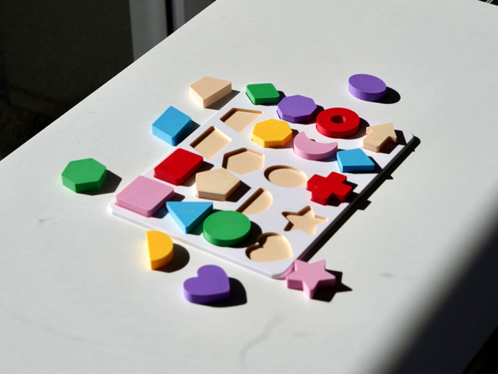 Geometric shapes puzzle for toddlers – scattered and completed pieces shown to support shape recognition, spatial skills, and hands-on learning.